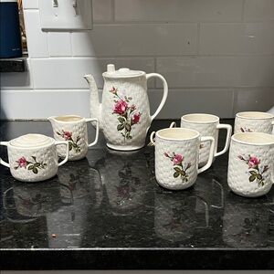 Antique White Ceramic Tea Set with Pink Rose Motif